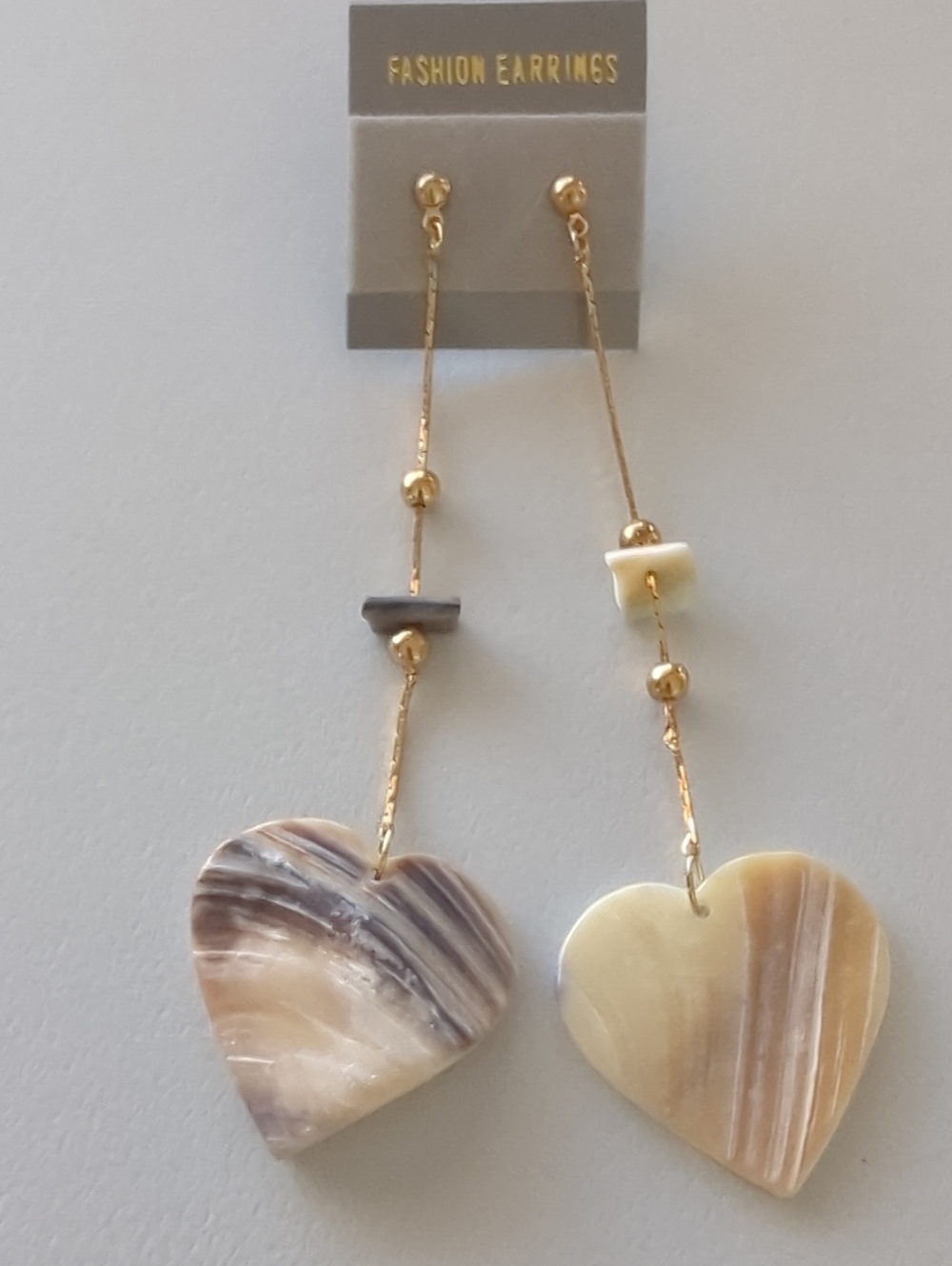 Gold-Tone Long Heart Drop Earrings in Cream & Gray